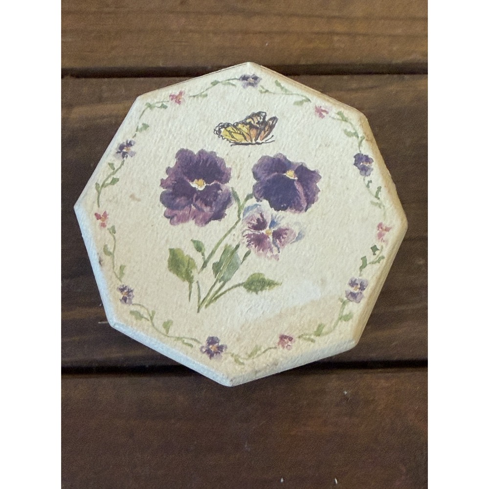Vintage Octagonal Trinket Box Purple Pansies Butterfly Floral Jewelry Keepsake